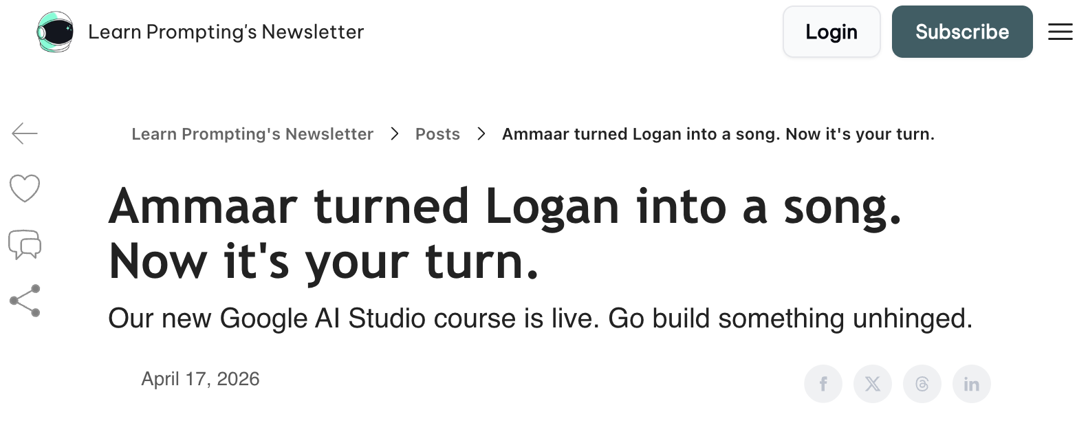 Learn Prompting course launch email titled Ammaar turned Logan into a song. Now it is your turn.