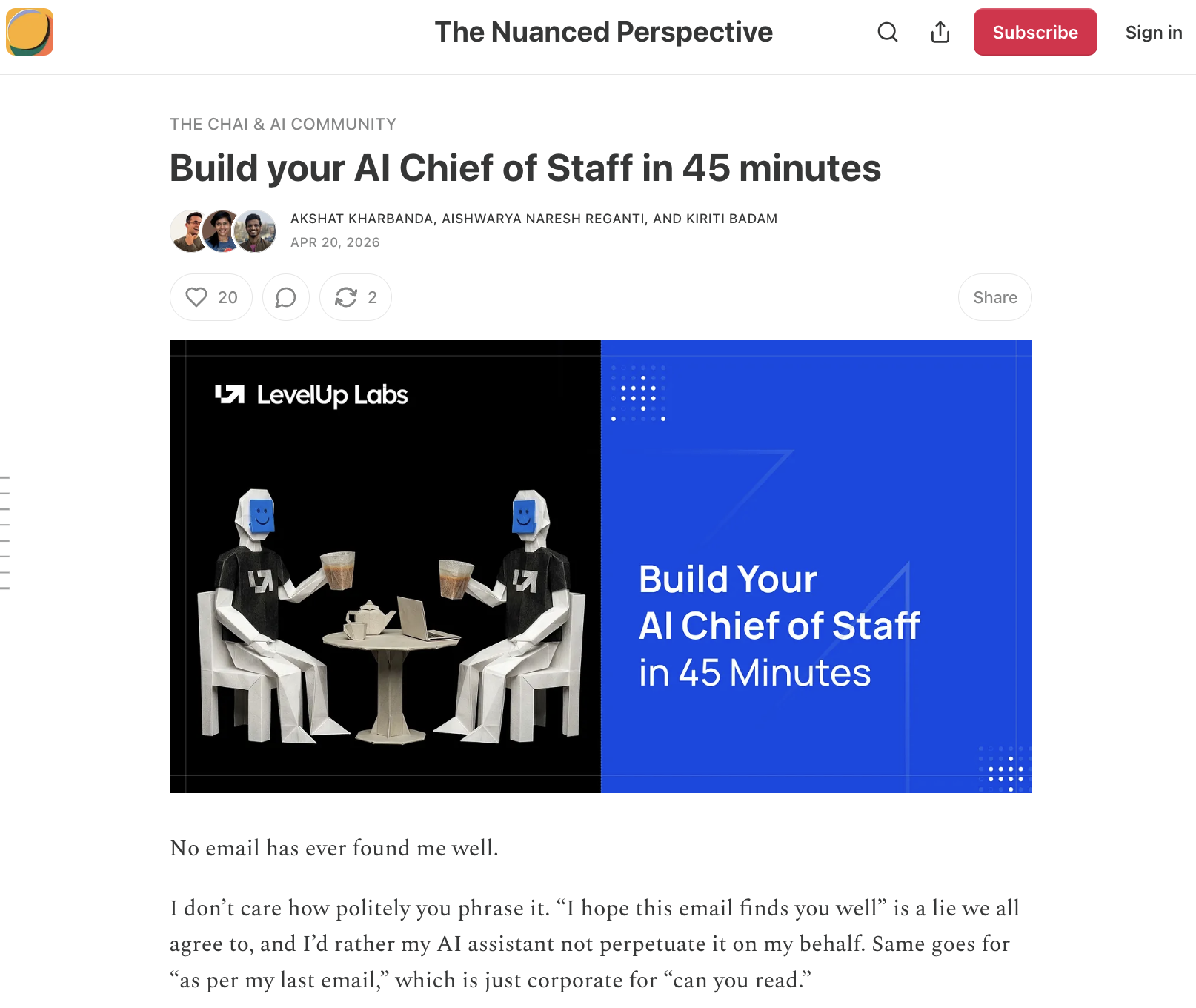 LevelUp Labs guest post on Substack titled Build your AI Chief of Staff in 45 minutes